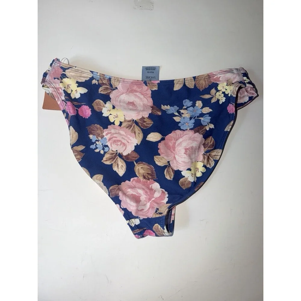 Shade & Shore Bikini Bottoms Womens M Blue Tropical Floral Low Rise High Leg New